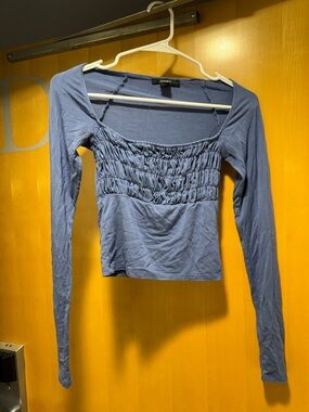 Forever 21 Dusty Blue Long Sleeve Smocked-Bust Top